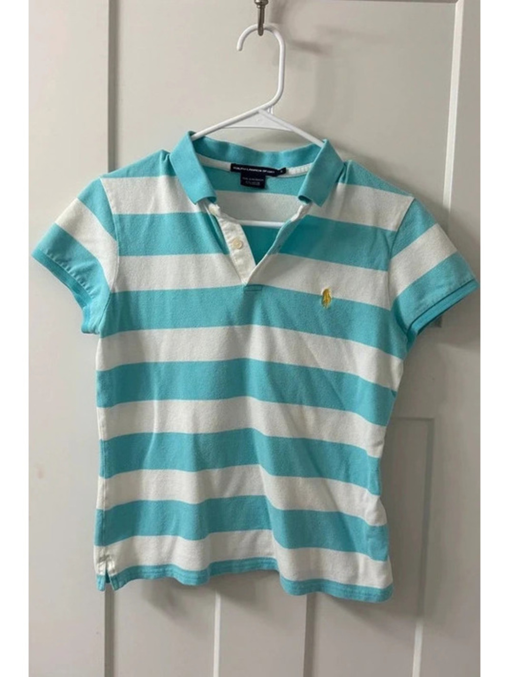 Ralph Lauren Sport Women’s L Polo Shirt Aqua White Striped Yellow Pony Preppy